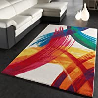 Paco Home Alfombra Moderna Multicolor Efecto Lienzo Crema Verde Azul Rojo Amarillo- tamaño:120x170 cm